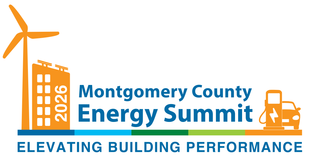 2026 Montgomery County Energy Summit logo with orange wind turbine, solar-topped building, and electric car charger icon, plus the tagline ‘Elevating Building Performance.’
